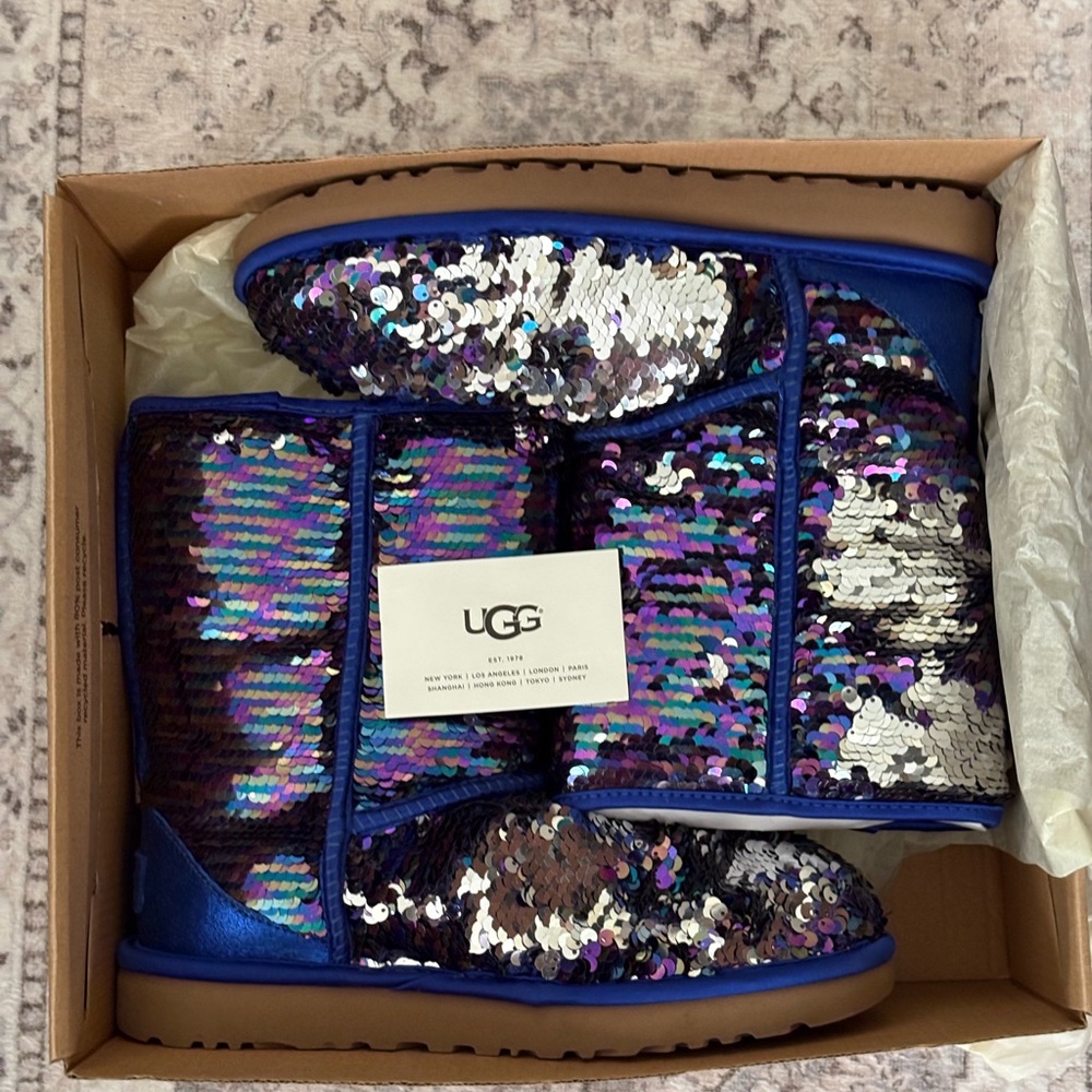 UGG Iridescent Sequin Short Boots in Blue and Silver